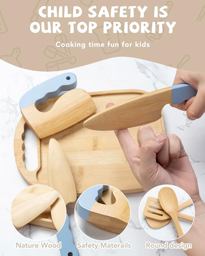 Wooden Kids Cooking Set Montessori Kit - Real Toddler Kitchen Tools & Baking Utensils - 15PCS Cooking Kit for Kids with Storage Bag, Great Gift for Pretend Play & Montessori Learning (Blue)