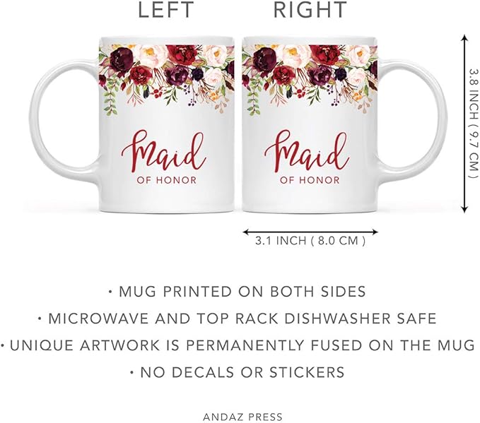 Andaz Press 11oz. Wedding Ceramic Coffee Tea Mug Gift, Fall Autumn Marsala Burgundy Flowers Roses Florals, Maid of Honor, 1-Pack, Includes Gift Box