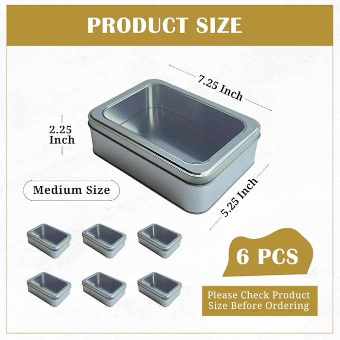 Pack of 6 Silver Rectangular Tin Container With Clear Lid, Multipurpose Tin Box, Festive Tin Box for Gift Giving, Cookies, Stationery & More - 7.25 x 5.25 x 2.25 Inches