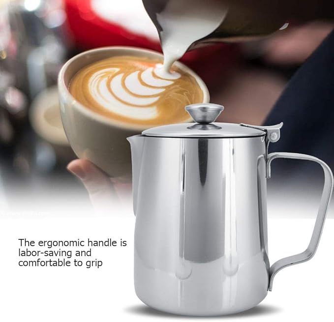 Stainless Steel Coffee Cup Mug Milk Frothing Pitcher Jug with Lid for Latte Coffee Art for Office Kitchen with handle(350mL)