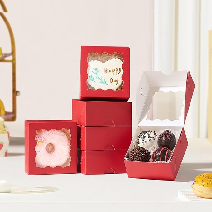 SLShePack 3.2x3.2x1.5 Inches 100PCS Chocolate Truffle Boxes Mini Bakery Boxes with Window for Cookies,Soap,Donut, Macaron,Brownie(Red)