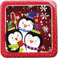 Metal Christmas Cookie Tin With Clear Lid- Square Multipurpose Storage Container For Cookies, Candy, Brownies, Snacks & More- Holiday Party Gift Box With Red Snowflake Penguin Design