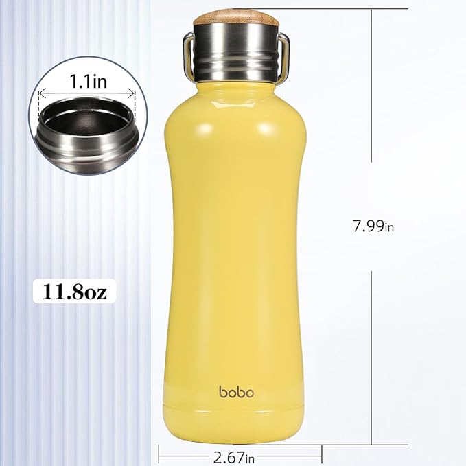 YOHKOH Mini Insulated Water Bottle With Bamboo Lid - 11.8oz Small Vacuum Insulated Water Bottle for Women Kids, 12 Hrs Hot & 24 Hrs Cold Stainless Steel Thermos Leak-Proof BPA-Free (11.8oz,Yellow)