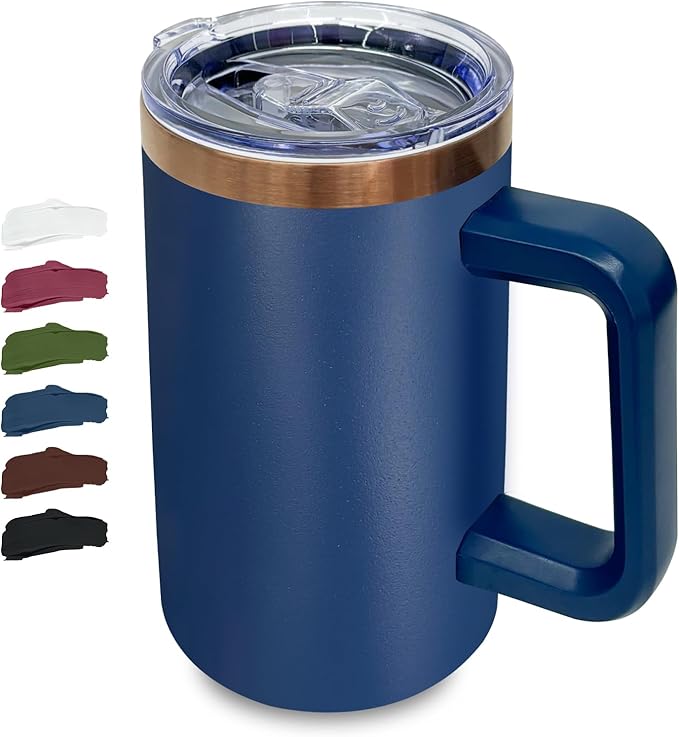20 oz Insulated Coffee Mug with Lid, Stainless Steel Coffee Tumbler Bulk, Double Wall Vacuum Travel Mug with Handle, Leakproof Powder Coated Coffee Cups for Hot and Cold Drinks (Navy,1 pack)