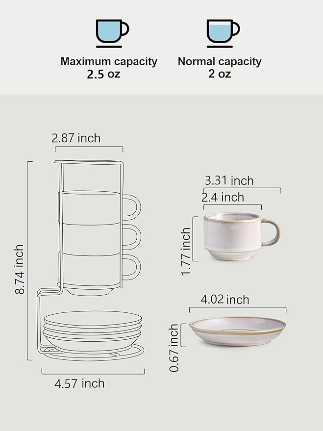 Gomakren 2.5 Ounce Espresso Cups Set of 4, Small Stackable Coffee Cups with Saucers and Metal Stand, Porcelain Demitasse Cups for Specialty Coffee Drinks, Espresso, Cappuccino, Latte, Tea, White