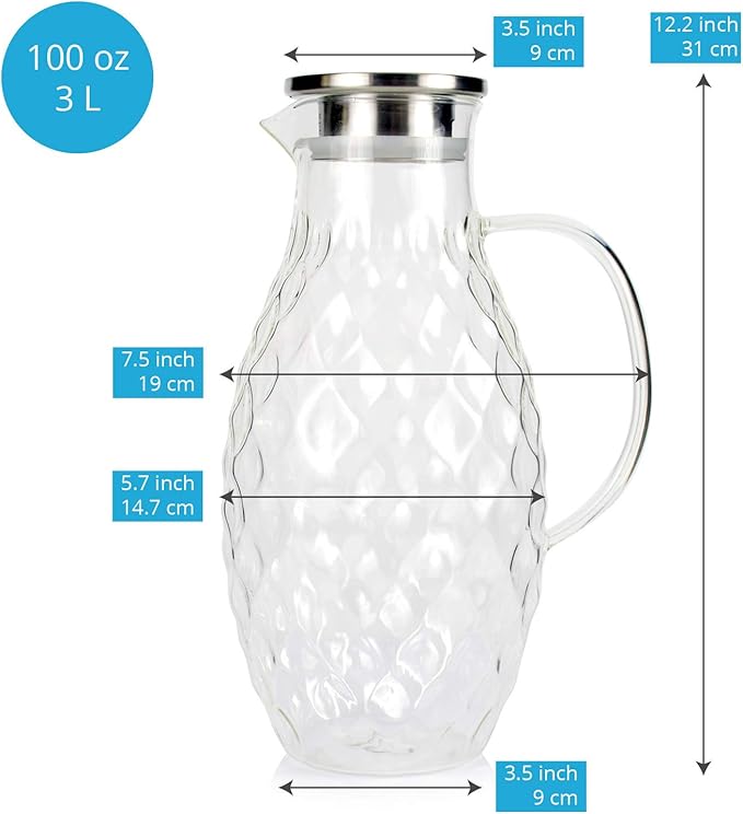 Glass Pitcher with Lid and Spout - 3 Liter / 100 oz, Borosilicate Glass w/Handle - Carafe for Hot/Cold Beverages - Water Jug - Iced Tea Pitcher - Juice Server - by PJC-Kitchen