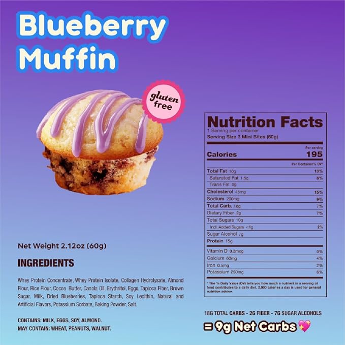 Prime Bites Minis | Protein Mini Muffins from Alpha Prime Supplements | High Protein, Collagen Fortified Low Sugar Treat | Delicious Snack | 12 Packs per Box - Blueberry