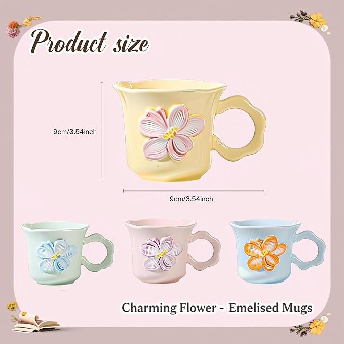 Cute Floral Coffee Mug Set of 4-12oz Ceramic Flower Embossed Cups with Petal Handles, Dishwasher and Microwave Safe