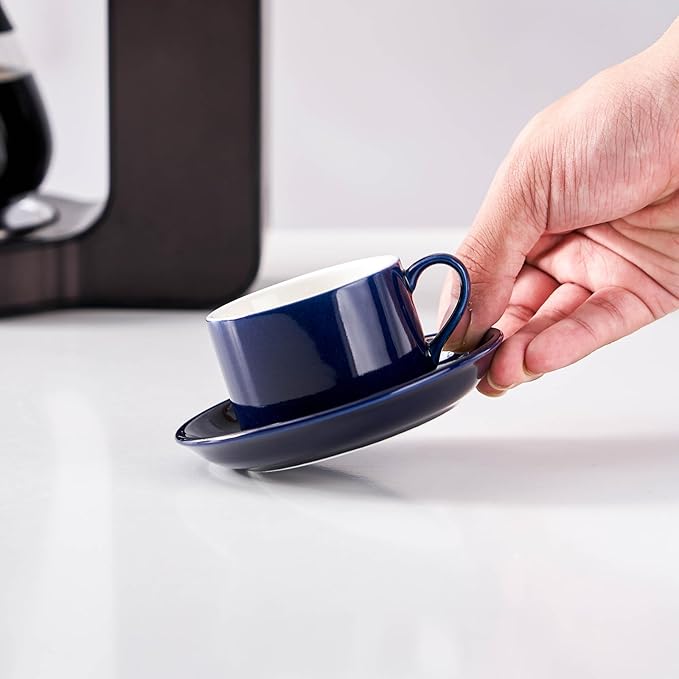 8oz Porcelain Stackable Cappuccino Cups with Saucers and Metal Stand Set of 4, Coffee Cups for Espresso, Specialty Coffee Drinks, Latte, Americano and Tea - Blue