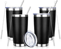 20oz Tumbler Bulk with Lid and Straw, Stainless Steel Double Wall Vacuum Insulated Travel Mug, Powder Coated Coffee Cups for Hot and Cold Drinks,Funny Gifts for Women Men(Black,4)