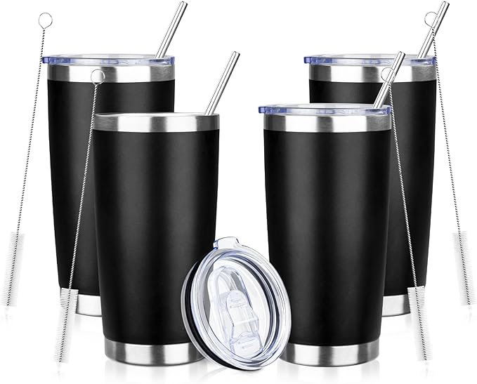 20oz Tumbler with Straw and Brush, Stainless Steel Vacuum Insulated tumbler, Double Wall Insulated Coffee Tumbler for Outdoor, Home, Travel,Office (Black,4pcs)