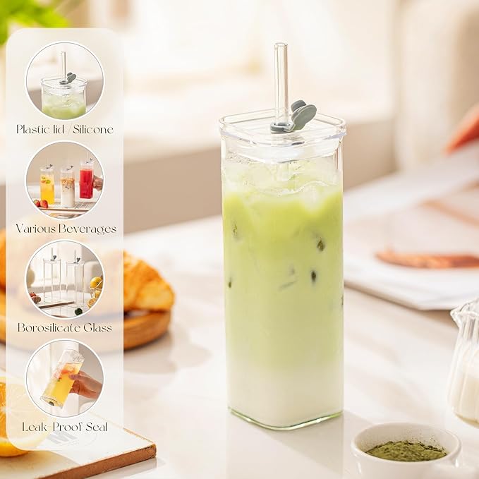 KEMORELA 6 Sets Glass Cups with Lids & Straws, Square Ribbed Drinking Glasses with Lids, Clear Highball Tumblers for Cocktail, Coffee, Juice, Beer, Modern Mixed Drinkware Jars