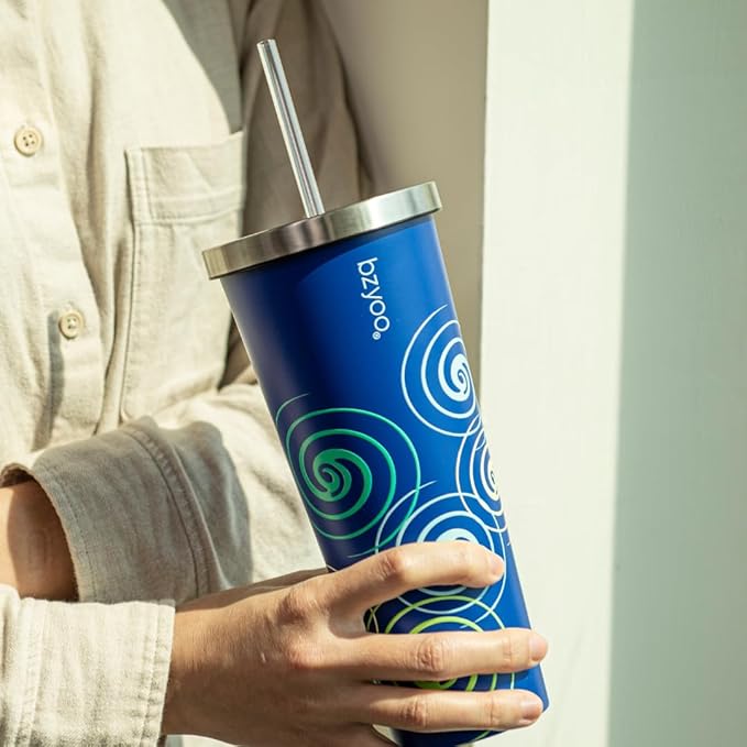 bzyoo SUP Double Wall Vacuum Insulated Tumbler with Straw and Lid Stainless Steel Water Bottle Travel Mug Cup, Mother's Day Gift Perfect For Ice Coffee or Tea (710ml) Color: Blue Swirl