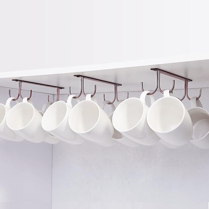 Mug Rack Under Cabinet - Coffee Cup Holder, 12 Mugs Hooks Under Shelf, Display Hanging Cups Drying Hook for Bar Kitchen Utensils Brown