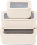 Caraway 3pc Glass Food Storage Set – 10 Cup, 6.6 Cup, & 4.4 Cup Food Containers - Ceramic Coated - Non Toxic Non Stick Lunch Box with Glass Lids - Dishwasher, Oven, & Microwave Safe - Cream