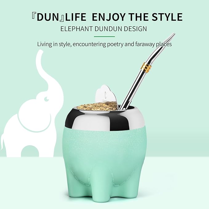 Premium Yerba Mate Cup 5 in 1 Set, Including Stainless Steel Gourd (Glitter Stars, Cute Elephant Style) Bombilla Straw, and Tea Shaper Set, 5.4oz, Gift for Women Drinking Coffee Tea Water