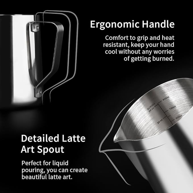 watchget Milk Frothing Pitcher 32oz/900ml - Stainless Steel Frothing Pitcher Espresso Steaming Pitcher Coffee Frother Cup Cappuccino Latte Art Coffee Machine Accessories Milk Jug, Silver