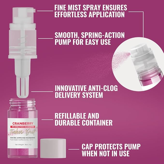 Bakell - Cranberry Tinker Dust (4g, 1x Mini Spray Pump) Edible Glitter for Food, Desserts, and Beverages!