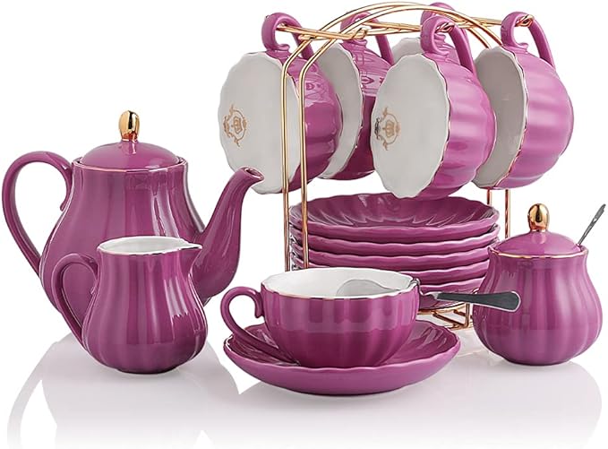 Porcelain Tea Sets British Royal Series, 8 OZ Cups& Saucer Service for 6, with Teapot Sugar Bowl Cream Pitcher Teaspoons and Tea Strainer, Suitable for High Tea, Wedding, Party (Violet)