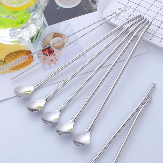 Straws - 8 PCS Silver 8.5 Inch 18/8 Stainless Steel Reusable Metal Straws With 2 Cleaning Brushes
