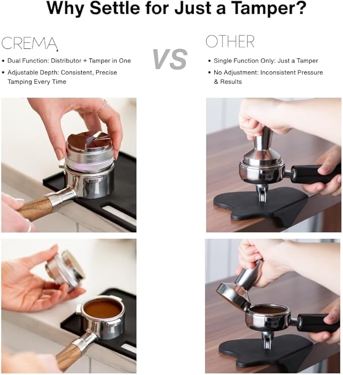Crema Coffee Products 54mm Hand Tamper & Coffee Distributor | Compatible with 53.3mm Breville Portafilters | Double-Sided,Adjustable Depth Tool | Made with Durable 304 Stainless Steel | Silver