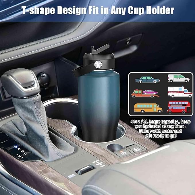 SENDESTAR 40oz Water Bottle Wide Mouth Stainless Steel Vacuum Insulated Double Wall with 2 Straw Lids Fit in Any Car Cup Holder TXIN-40-Dark Green