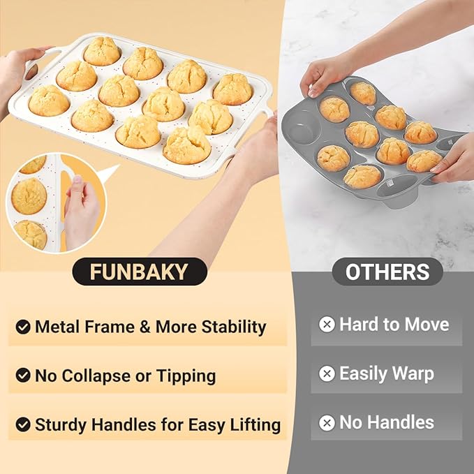 FUNBAKY Silicone Muffin Pan with Metal Frame, Nonstick 12 Cups Regular Size Silicone Muffin Tin for Oven Baking Easy to Move with Handle BPA Free