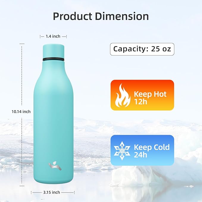Insulated Water Bottle with Strap,25 oz Double Wall Stainless Steel Vacuum Bottles Metal Water Flask,Turquoise
