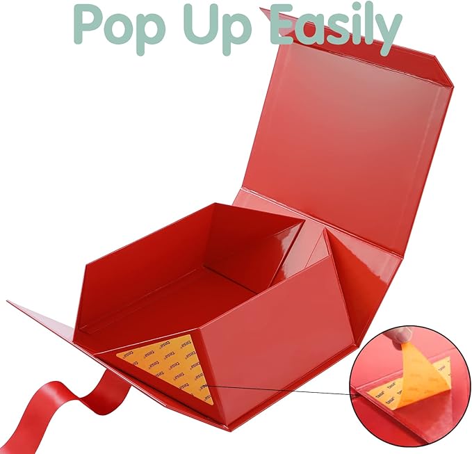 HAPPY POTATO Christmas Gift Box with Ribbon 9x6.5x3.8 Inches, Red Gift Box with Lid, Bridesmaid Proposal Box, Magnetic Gift Boxes for Presents (Glossy Red)