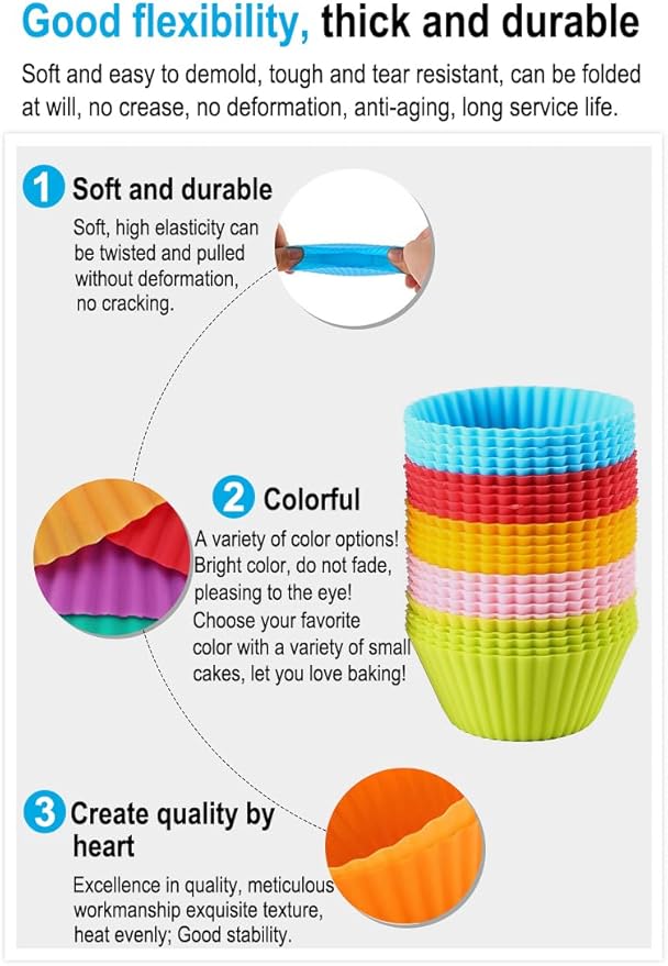 AKOAK Reusable Silicone Non-stick Baking Cups, Cake Molds, Kitchen Baking Cooking Accessories, DIY Cake Making Tools - Pack of 10 (Red)
