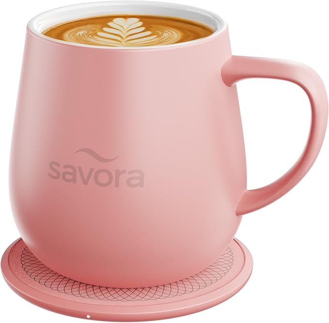 Temperature Control Smart Mug with Wireless Heating Pad - 12oz Ceramic Coffee Mug Warmer | Maintains 135°F Self Heating Cup | IntelliHeat Technology | USB-C Powered - Pink