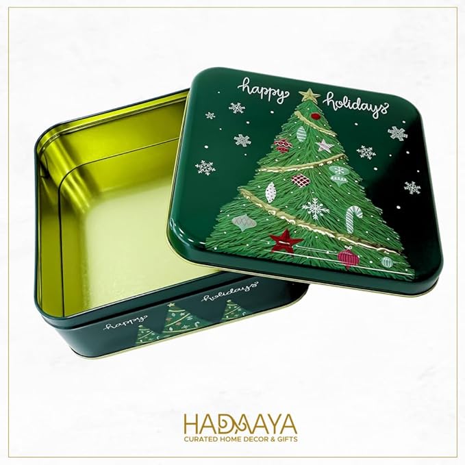 Metal Christmas Cookie Tins with Lids, 6 Pack Green Square Holiday Storage Containers, Durable & Stylish Storage Solution For Gift Giving, Cake, Candy & More