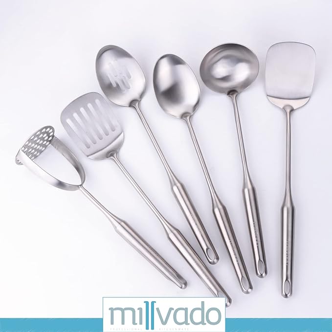 Stainless Steel Kitchen Utensil Set, Cooking Utensils, Set of 6 Kitchen Tools, Solid Spoon, Slotted Spoon, Solid Turner, Slotted Turner, Soup Ladle, Potato Masher, Dishwasher Safe