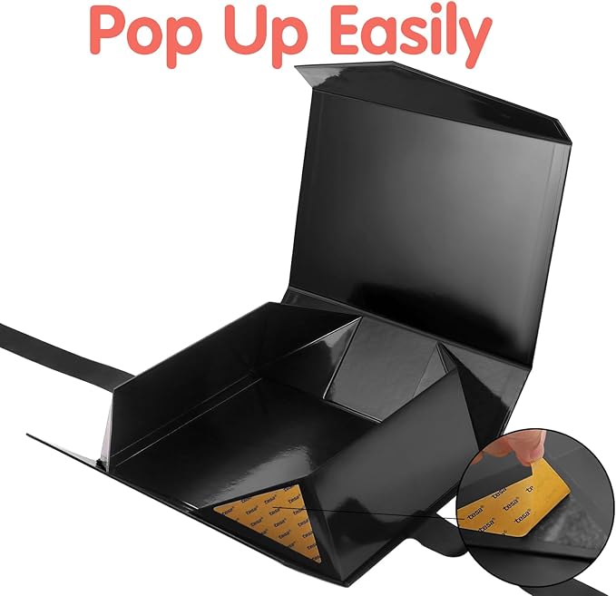 HAPPY POTATO Large Black Gift Box with Ribbon and Lid, 11.5x8.1x3.8 Inches, Groomsman Proposal Boxes, Magnetic Gift Box for Presents (Glossy Black)
