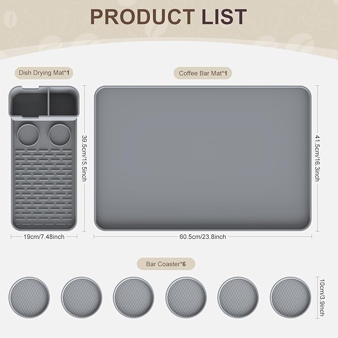 Silicone Coffee Mat with 6PCS Coasters,24''x16'' Kitchen Bar Accessories Fits Under Coffee Maker and Pot,Espresso Machine,Detachable Dish Drying Mat for Tamper,Sugar Packets,Cups,Countertop Protection