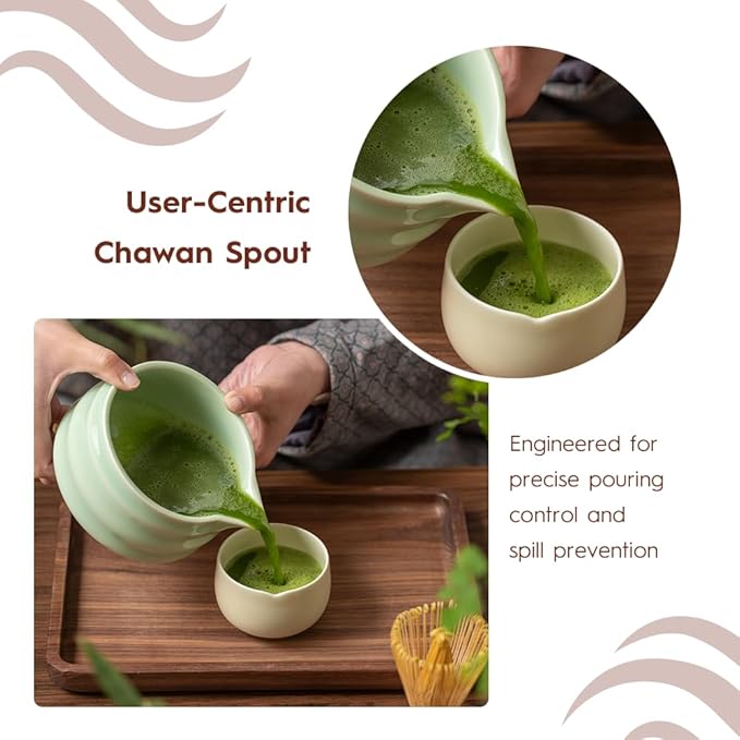 7 Pcs Matcha Set - Ceramic Bowl, Bamboo Whisk with Holder, Sifter, Schima Spoon, Spoon Rest and Tea Towel, Complete Kit for Traditional Matcha and Modern Lattes (Green)