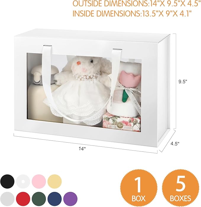 Large White Clear Gift Box, 13.5x9x4.1 Inches Gift Box with Window by Handle, Bridesmaid Proposal Box, Collapsible Gift Box with Magnetic Closure (Glossy White, 1 Pack)