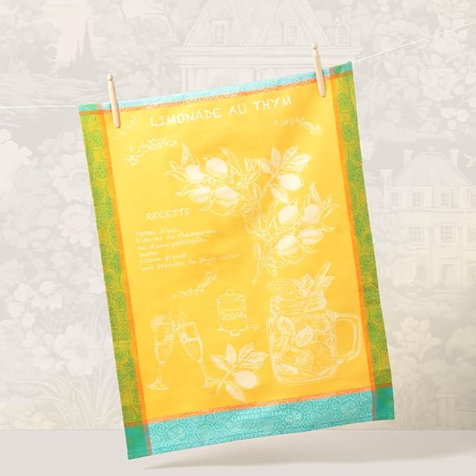 Garnier Thiebaut Limonade Au Thym Soleil (Sunny Lemonade with Thyme) French Kitchen Towel 22"x30", Cotton, Jacquard