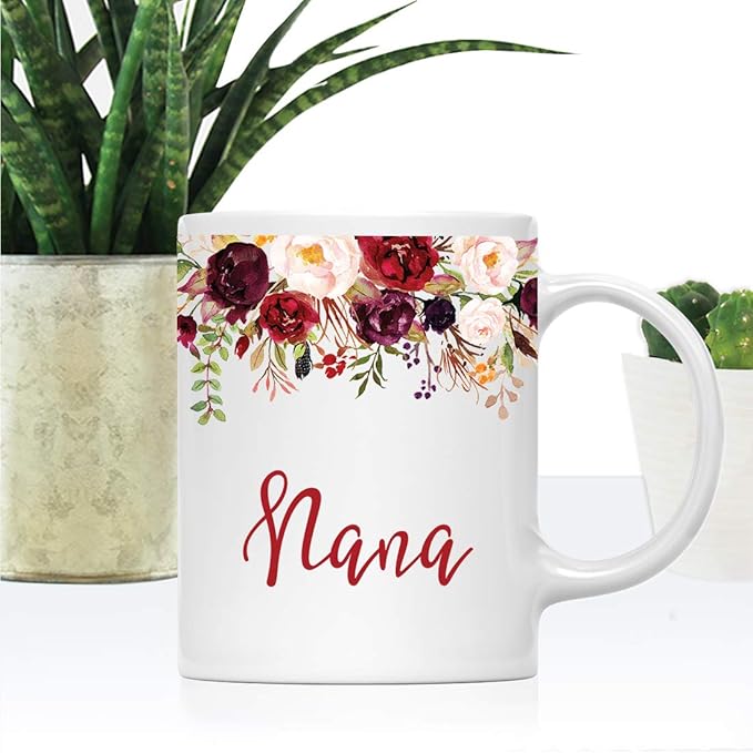 Andaz Press 11oz. Mother's Day Ceramic Coffee Tea Mug Gift, Fall Autumn Marsala Burgundy Flowers Roses Florals, Nana, 1-Pack, Includes Gift Box, Birthday Christmas Gift Ideas