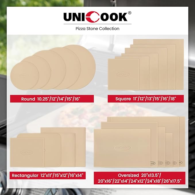 Unicook Pizza Stone for Oven and BBQ Grill, 12 x 11 Inch Rectangular Oven Grill Pizza Stone, Cordierite Baking Pan for Crispy Crusts, Thermal Shock Resistant, Including Dough Scraper