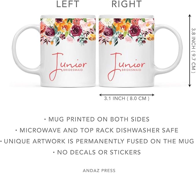 Andaz Press 11oz. Wedding Ceramic Coffee Tea Mug Gift, Fall Autumn Burgundy Orange Peach Flowers Roses Florals, Junior Bridesmaid, 1-Pack, Includes Gift Box