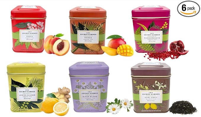 Premium USDA Organic Ceylon Tea Sampler Set - 6 Flavors, 50 Bags Per Tin (300 Total) Variety Pack Non-GMO, Herbal, Fruity, Green & Black, Caffeinated & Decaffeinated