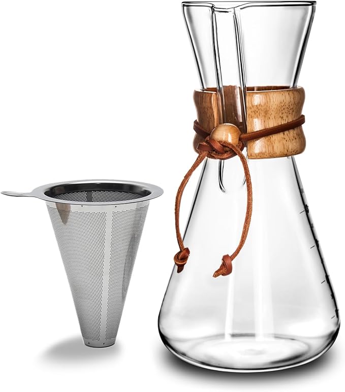 AGOGO Pour Over Coffee Maker Glass - 6/8/10 Cup Barista Kit with 304 Stainless Filter for Home, Office, Camping, Cafes - Easy Clean Coffee Dripper Set (Rag&Brush Included) (6 Cup/20 oz)