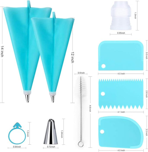 34Pcs Piping Bags and Tips Set, Bake Cake Decorating Kit with 24 Stainless Steel Tips, 2 Reusable Silicone Pastry Bags, 3 Icing Smoother, 2 Couplers, 2 Frosting Bags Ties and 1Pipe Brush