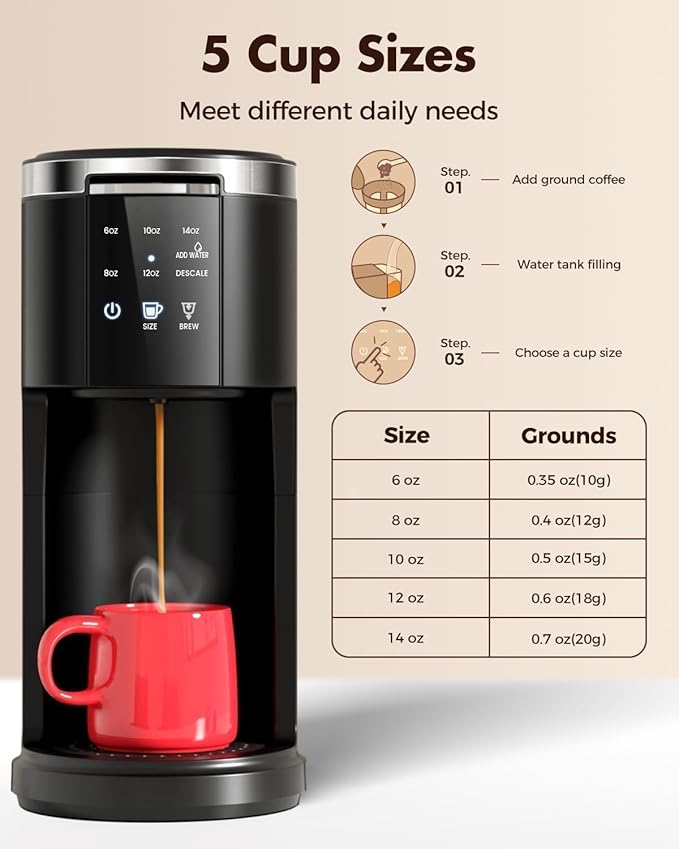 Kismile Single Serve Coffee Maker, 2 in 1 Pod Coffee Maker Machine for K-Cup & Ground, 6 to 14oz Brew Sizes, 40oz Removable Water Reservoir, LCD Screen, Self-cleaning, Black