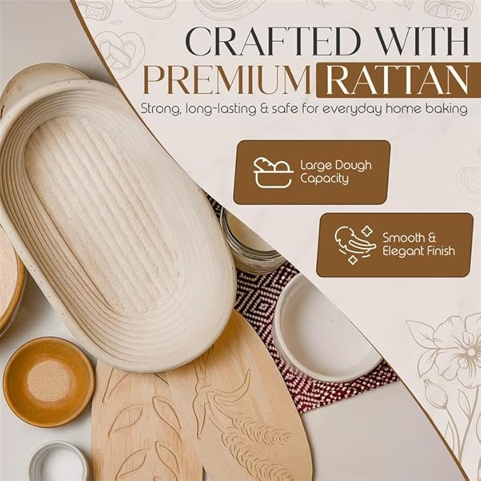 Premium Banneton Bread Proofing Basket - 9 Inch Oval Sourdough Banneton Basket With Built in Wooden Leaf and Wheat Stamp, Brush & Storage Bag - Sourdough Bread Baking Supplies