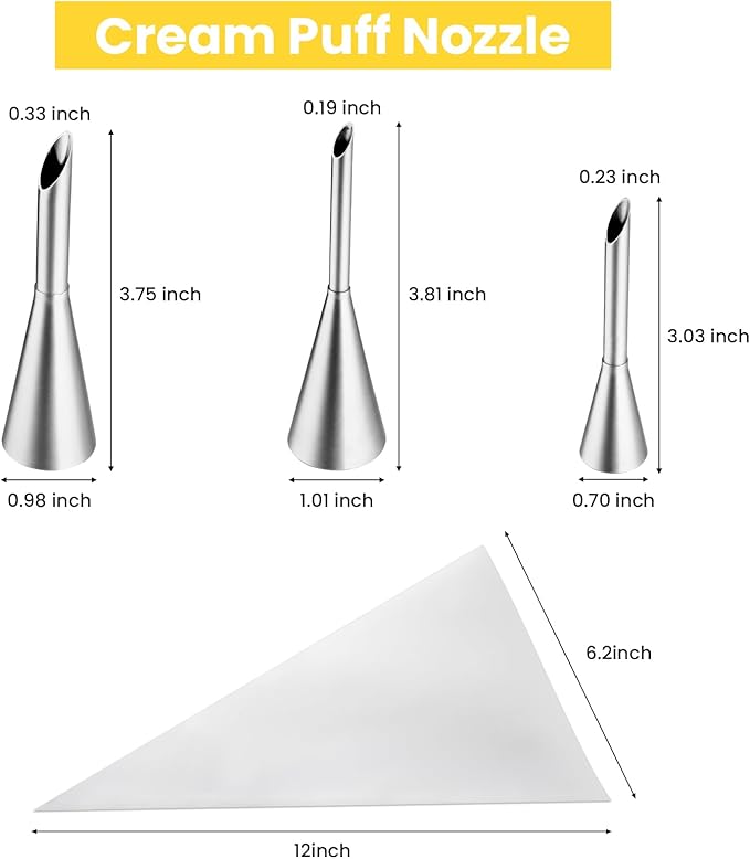 3Pcs Cream Icing Piping Nozzle Tips,Stainless Steel Long Puff Nozzle Tip With 10Pcs Disposable Piping Bags,Puff Pastry Filling Cake Decorating Tools