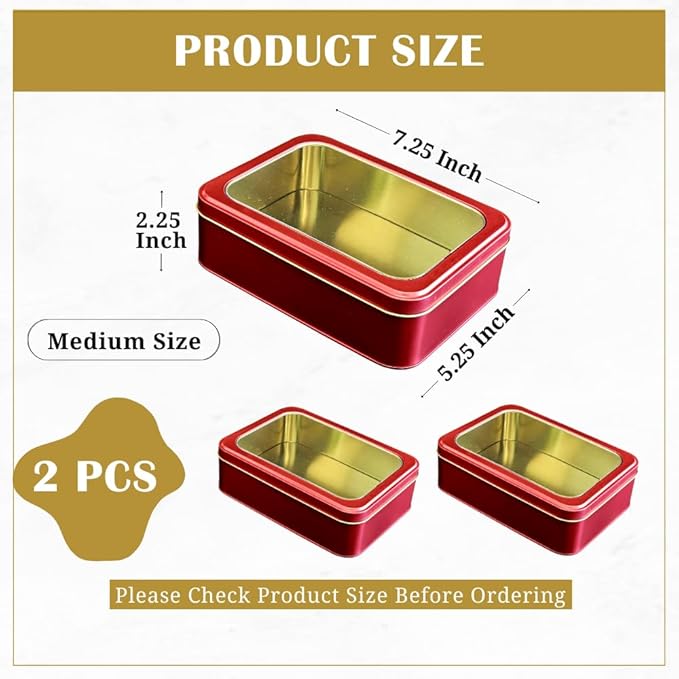 Pack of 2 Red Rectangular Metal Tin with Clear Lid – Gift Box for Cookies, Candy, Crafts & Storage – Ideal for Gifting, Home Decor & Party Favors