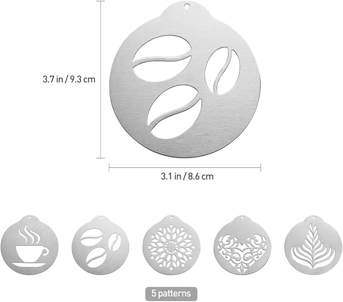 5Pcs Stainless Decorating Stencils, Metal Foam Latte Art Templates, Reusable Cappuccino Chocolate Templates Coffee Garland Mould Cake Decorating Tool