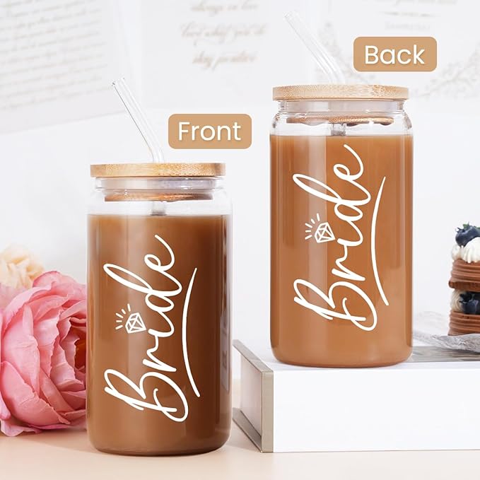 SANDJEST Bride Glass Coffee Cup 16 Oz with Bamboo Lid and Straw - Bridal Shower Gift - Engagement Gifts for Women - Bride Gifts